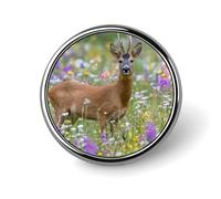 A Roe Deer in Wildflower Field Novelty Brooches & Pins Round Personalised Metal Lapel Badge With Butterfly Clutch Clasp