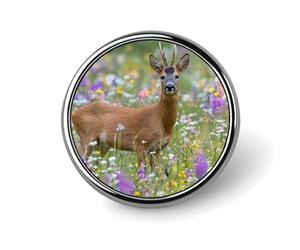 A Roe Deer in Wildflower Field Novelty Brooches & Pins Round Personalised Metal Lapel Badge With Butterfly Clutch Clasp