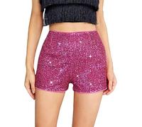 A-Rosy Womens High Elastic Waist Sequin Shorts - Glitter Sparkly Straight Leg Sparkle Party Club Concert Hot Shorts (XL, Rosy Red)