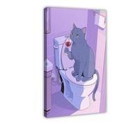 A Russian Blue Cat Sitting on The Toilet Drinking Red Wine Canvas Poster Bedroom Decor Landscape Decor Gift 16x24inch(40x60cm)