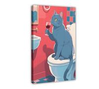 A Russian Blue Cat Sitting on The Toilet Drinking Red Wine Canvas Poster Bedroom Decor Landscape Decor Gift 20x30inch(50x75cm)