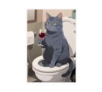 A Russian Blue Cat Sitting on The Toilet Drinking Red Wine Canvas Poster Wall Art Print Picture Paintings 24x36inch(60x90cm)