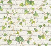A.S. Creation 31942-1 Best of Wood and Stone Ivy Brick Design Wallpaper, White/Green