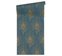 A.S. Création Architects Paper Non-Woven Wallpaper Absolutely Chic Wallpaper with Peacock Feather 10.05 m x 0.53 m Blue Yellow Metallic Made in Germany 369712 36971-2