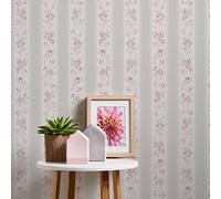 Galerie Maison Charme Grey Vintage Rose Stripe Motif Wallpaper Roll