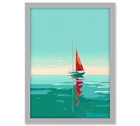 A Sailboat with a Red Sail Sailing on a Calm Sea Artwork Framed A3 Wall Art Print