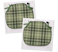 A SET OF 2 LIGHT GREEN HIGHLANDER TARTAN CHECK SPINDLE BACK SHAPED CHAIR SEAT PADS (For Seats Approx. 17" Wide X 15" Deep)