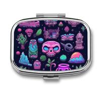 A Set of Object Doodles Pill Box 2 Compartment, Portable Pill Case with Mirror for Pocket Purse Travel, Mini Metal Medicine Organizer for Vitamins Fish Oil
