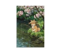 A Shiba Inu Wearing A Bamboo Hat, Holding A Fishing Rod in Its Mouth, Sitting Under A Cherry Tree, Fishing Line Sinking Into The Stream Contemporary Wall Mural - Decorative Hanging Poster Art 20x30inc