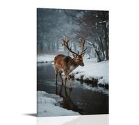 A Sika Deer Steps through The Newly Thawed Stream, Antlers Hung with Ice Spikes, Willow Branches Sprouting New Buds on The Bank Fashionable Wall Decor - Hanging Art Poster And Mural08x12inch(20x30cm)