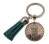 A Silver Dream 1957 English Shilling Teal Tassel Coin Keyring