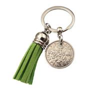 A Silver Dream 1964 Sixpence Coin Green Tassel Keyring