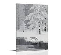 A Silver Fox Steps Across The Frozen Lake, Its Tail Tip Sweeping Up Ice Crystals, with A Rime Forest on The Opposite Bank Contemporary Hanging Wall Art - Decorative Mural Design20x30inch(50x75cm)