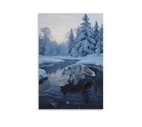 A Silver Fox Steps Across The Frozen Lake, Its Tail Tip Sweeping Up Ice Crystals, with A Rime Forest on The Opposite Bank Fashionable Wall Decor - Hanging Art Poster And Mural16x24inch(40x60cm)