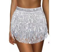 A Silver Sequin & Sparkle Belly Dance Skirt - Glitter Tassel & Fringe Hip Scarf, One Size