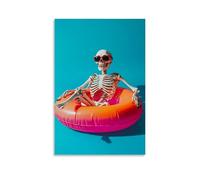 A Skeleton Floating on A Flamingo Pool Float Under The Sun, Wearing Sunglasses, with Vibrant Yet Flat Solid Blue Background. Wall Art Mural Modern Decoration Hanging Art Poster 16x24inch(40x60cm)