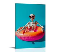 A Skeleton Floating on A Flamingo Pool Float Under The Sun, Wearing Sunglasses, with Vibrant Yet Flat Solid Blue Background. Wall Art Mural Modern Decoration Hanging Art Poster 08x12inch(20x30cm)