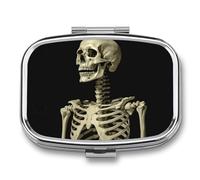 A Skeleton Pill Case for Travel, Rectangle Metal Pill Organizer with 2 Compartments, Portable Daily Medicine Box for Purse, Wallet
