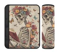 A Skeleton Reading with Flowers and Butterflies 2 pcs car Seatbelt Covers Release Stress to Your Neck and Shoulders for SUV forro para cinturon de seguridad