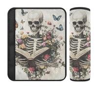 A Skeleton Reading with Flowers and Butterflies 2 pcs Seatbelt Covers More Comfort Driving for Auto forro para cinturon de seguridad