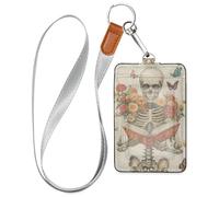A Skeleton Reading with Flowers and Butterflies Leather Badge Holder Cute with Lanyard and 3-Card Capacity Security Card Holder for Staffs Officers Students Doctors Employees