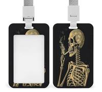 A Skeleton with Burning Cigarette Badge Holder with Lanyard Fashion ID Card Holder Exquisite Window Vertical Card Protector Case Plastic Badge Reel Holders for Nurse Teacher Worker Office