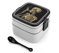 A Skeleton with Burning Cigarette Double-Layer Bento Lunch Box with Spoon 1000ML Leak-Proof Lunch Box for Men And Women Lunchbox with Handle Lunch Container Reusable Lunch Container for Office