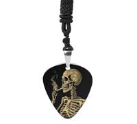 A Skeleton with Burning Cigarette Guitar Pick Necklace Exquisite Cool Pendant Necklaces Titanium Steel Personalized Necklaces Fashion Guitar Pick Holder Necklace Unisex Unique Gifts