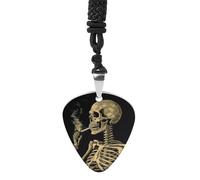 A Skeleton with Burning Cigarette Guitar Pick Necklace for Men Women Guitar Pick Holder Necklace Stainless Steel Picks Medium Pendant Musical Jewelry Gifts for Electric Guitar Bass Ukulele Players