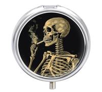 A Skeleton with Burning Cigarette Pill Box Medicine Pill Organizer 3 Compartment Daily Pill Case Small Pill Container Round Pill Holder Travel Pill Box Metal Pill Case for Purse Pocket