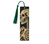 A Skeleton with Burning Cigarette Wooden Bookmarks 5 Pcs,Handmade Double-Sided Printed Book Marks Page Markers with Dark Green Tassels Book Accessories Gift for Book Lovers Women Men