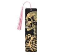 A Skeleton with Burning Cigarette Wooden Bookmarks 5 Pcs,Handmade Double-Sided Printed Book Marks Page Markers with Pink Tassels Book Accessories Gift for Book Lovers Women Men