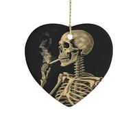 A Skeleton with Burning CigaretteHeart Shaped Ceramic Ornament with String,Ceramic Ornament,Two-Sided Printed for Christmas Tree and Holiday Decoration