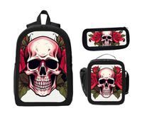a skull roses it&apos s head and a rose the middle the skull&apos s head Backpack with Lunch Box Pencil Set 3 Women Men