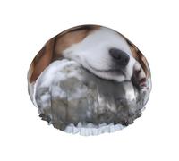 A Sleeping dog Printed shower cap, reusable, specially designed for women's long hair, double-layer structure, suitable for bathing.