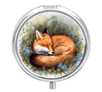 A Sleeping Fox Pill Box Case 3 Compartment Travel Medicine Pill Organizer 3x A Day Portable Vitamin Organizer with Mirror Small Pillbox for Purse & Pocket Cute Daily Medicine Container Metal Vitamin C