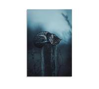 A Sleepy Cat Curled Atop A Worn Fence Post, Tail Twitching Softly on A Muted Storm-blue Horizon. Fashionable Wall Decor - Hanging Art Poster And Mural12x18inch(30x45cm)
