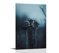 A Sleepy Cat Curled Atop A Worn Fence Post, Tail Twitching Softly on A Muted Storm-blue Horizon. Fashionable Wall Decor - Hanging Art Poster And Mural20x30inch(50x75cm)