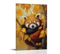 A Sleepy Red Panda Curled Up in Golden Leaves, Painted in Soft Oils Against A Pale Lemon Canvas Full of Seasonal Stillness. Wall Art Mural Modern Decoration Hanging Art Poster 16x24inch(40x60cm)