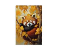 A Sleepy Red Panda Curled Up in Golden Leaves, Painted in Soft Oils Against A Pale Lemon Canvas Full of Seasonal Stillness. Wall Art Mural Modern Decoration Hanging Art Poster 08x12inch(20x30cm)