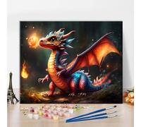 A Small Dragon with Shiny Scales Oil Painting DIY Paint by Numbers Kits for Adults Beginners The Dragon is Playing with a Fireball Paintings Kits for Home Wall Decor 16"x20"(Without Frame)