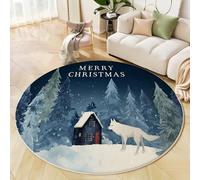 A Small House In The Snow Round Rugs, Washable Non-Slip Rug, Forest White Wolf Round Area Rugs 100 Cm, For Living Room Bedroom Hallway Study Coffee Table Bedside Rug