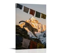 A Snow Leopard Leaping from A Snow-capped Cliff, Claws Gripping A Fluttering Prayer Flag, with The Sunlit Golden Mountain in The Background Fashionable Wall Decor - Hanging Art Poster And Mural08x12in