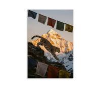 A Snow Leopard Leaping from A Snow-capped Cliff, Claws Gripping A Fluttering Prayer Flag, with The Sunlit Golden Mountain in The Background Wall Art Mural Modern Decoration Hanging Art Poster 08x12inc