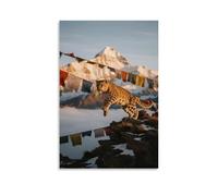 A Snow Leopard Leaping from A Snow-capped Cliff, Claws Gripping A Fluttering Prayer Flag, with The Sunlit Golden Mountain in The Background Stylish Wall Hanging Art - Decorative Poster Mural20x30inch(