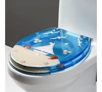A,Soft Close Toilet Seat, Quiet and Slow Close Toilet Lid and Seat, 3D Effects Ocean Series Toilet Seats with Real Shells and Gravel, Stainless Steel Hinges, Quick Disassembly, Easy to Clean
