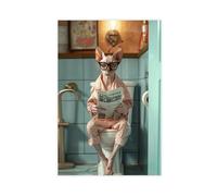 A Sphynx Cat Sits on The Toilet Reading A Newspaper. Canvas Poster Bedroom Decor Landscape Office Room Decor Gift 12x18inch(30x45cm)