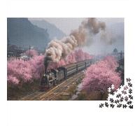 A Steam Train with Pink Cherry Blossoms on Its Side Jigsaw Puzzles. 1000pcs (75x50cm) Whimsical Challenge Toy for Educational Games Gifts
