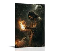 A Storm Approaches As Jesus Lights A Fire with One Hand And Holds The Lamb with The Other, Wolves Hidden behind The Trees. Wall Art Mural Modern Decoration Hanging Art Poster 08x12inch(20x30cm)