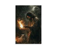 A Storm Approaches As Jesus Lights A Fire with One Hand And Holds The Lamb with The Other, Wolves Hidden behind The Trees. Wall Art Mural Modern Decoration Hanging Art Poster 16x24inch(40x60cm)